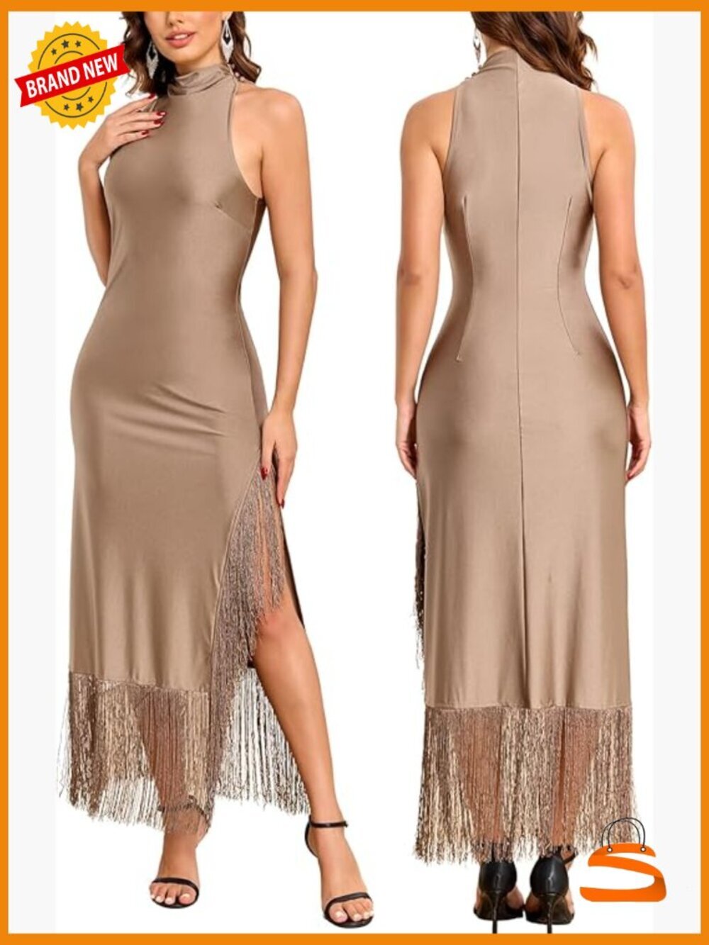 Womens Vintage Flapper Maxi Dress High Neck Side Slit Tassels